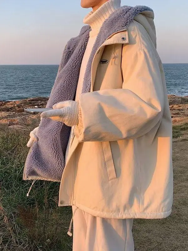 

Мужская зимняя повседневная куртка с капюшоном, утепленная овчиной, свободного кроя, теплая, модная, из полиэфирного волокна