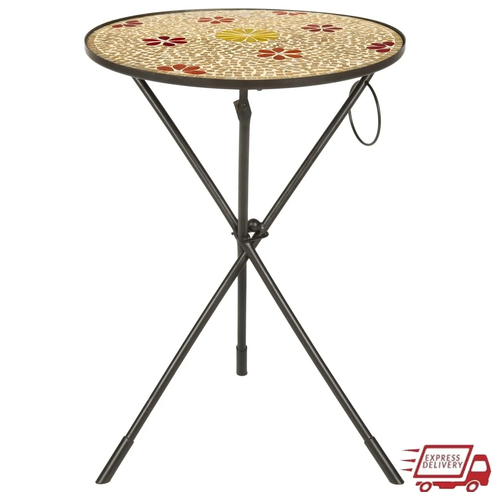 

Cymbeline Round Metal Side Table Floral Mosaic Top Iron Legs Indoor Use Easy Clean Contemporary Design 15lb Capacity
