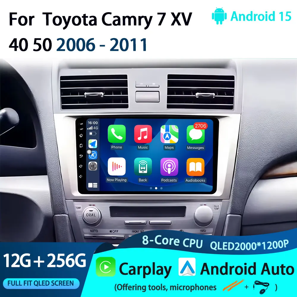 Android 15 For Toyota Camry 7 XV  40 50 2006 - 2011 2K QLED Android Car Radio Multimedia Video Player BT CarPlay 4G Stereo