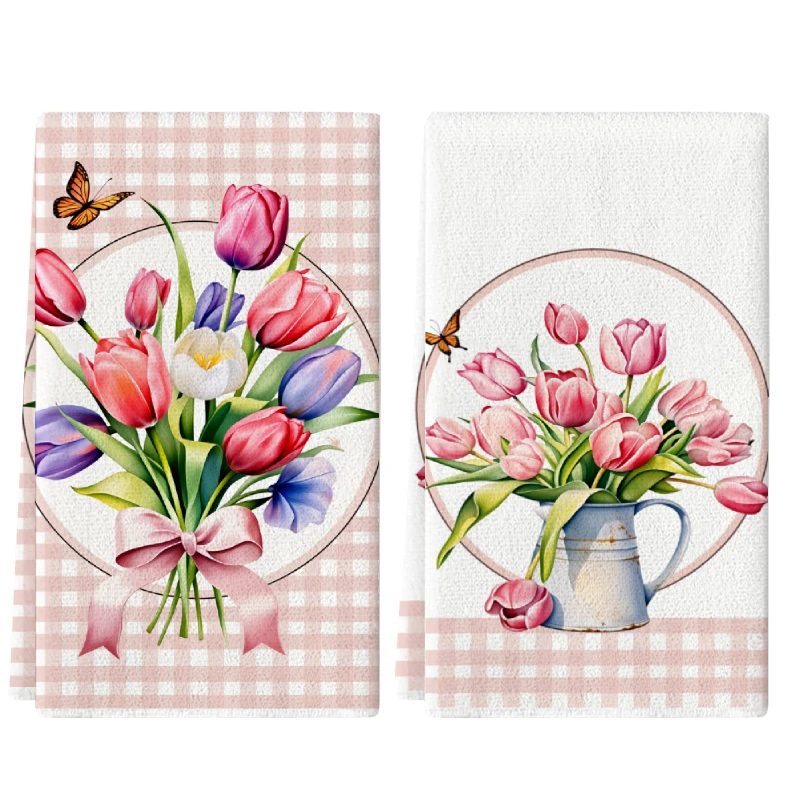 2Pcs, Pink Checkered Tulip Kitchen Towels, 40Cm*60Cm Towel Set, Best Kitchen Towels, Super Absorbent Soft Cleaning Cloth, Cooking and Baking Tea Towels, Hand Towels, Cleaning Cloths, Dishcloths, Kitchen Decor, Living Room Decorations, Kitchen Essentials, Home Essentials
