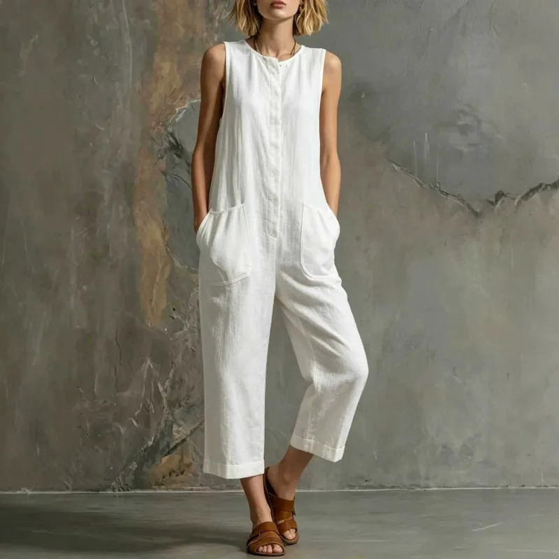

Summer New Casual Retro Sleeveless Cotton And Linen Wide Leg Cropped Jumpsuit Buttons Pockets O Neck Vintage Solid Suit Pant Top