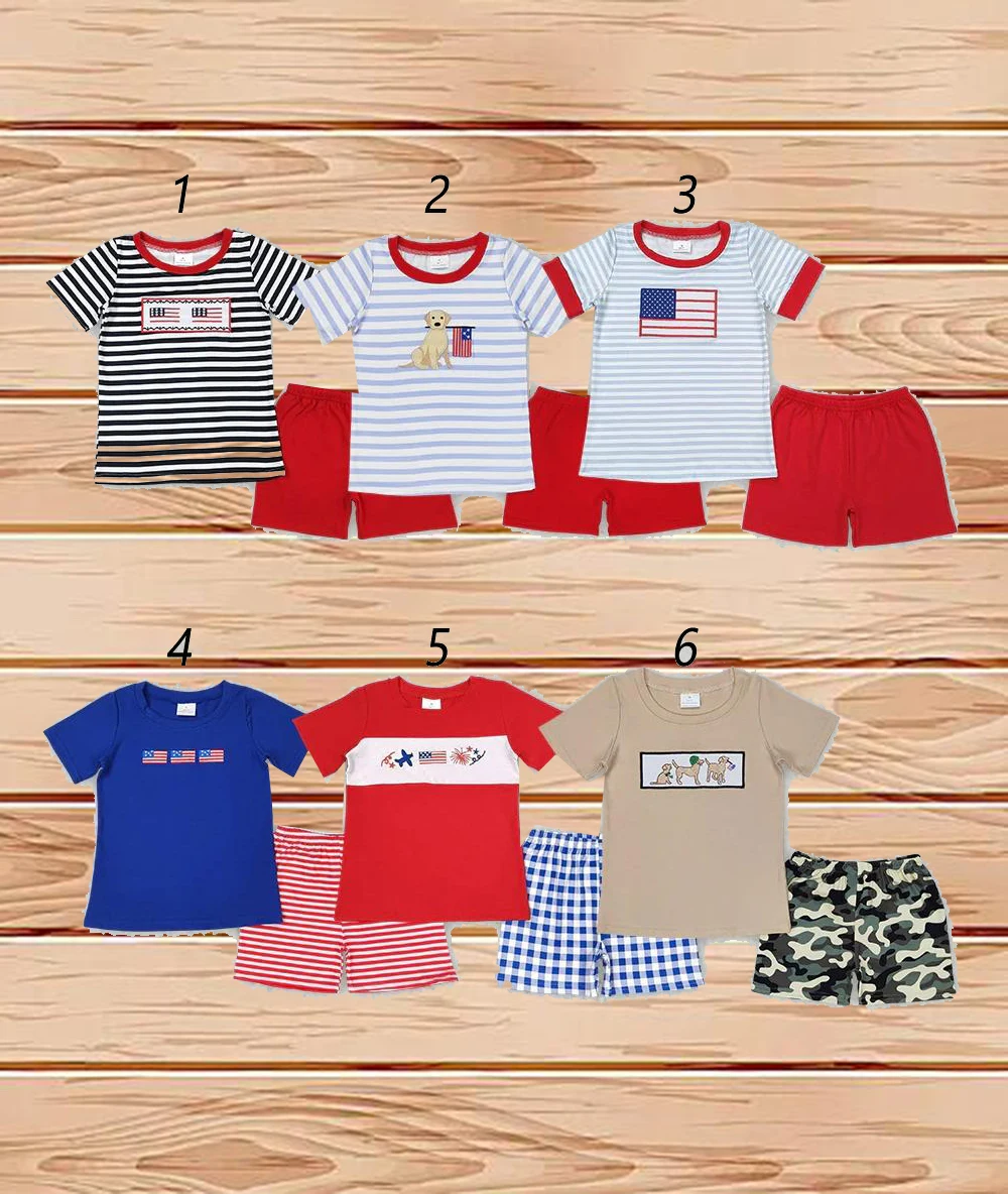 

4.16 Wholesale Western Boutique outfits children clothing Sibling Embroidery Baby Boys 4th Of July Shirt Shorts Summer Outfits