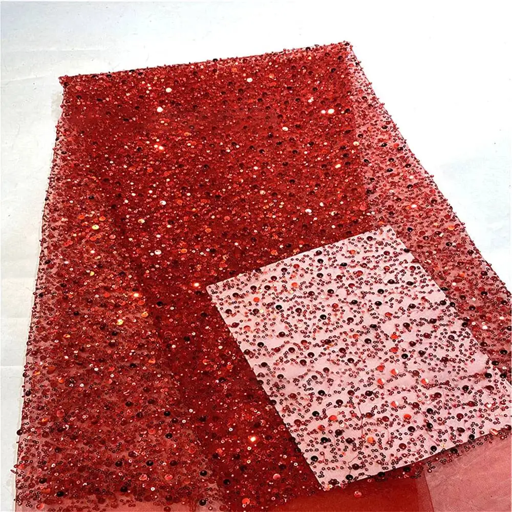 French Style Sequin Mesh Lace Fabric Pearl Bead Heavy Craft Tulle Soft Net For Sewing Women Luxury Dress Robe Trailing Trimming