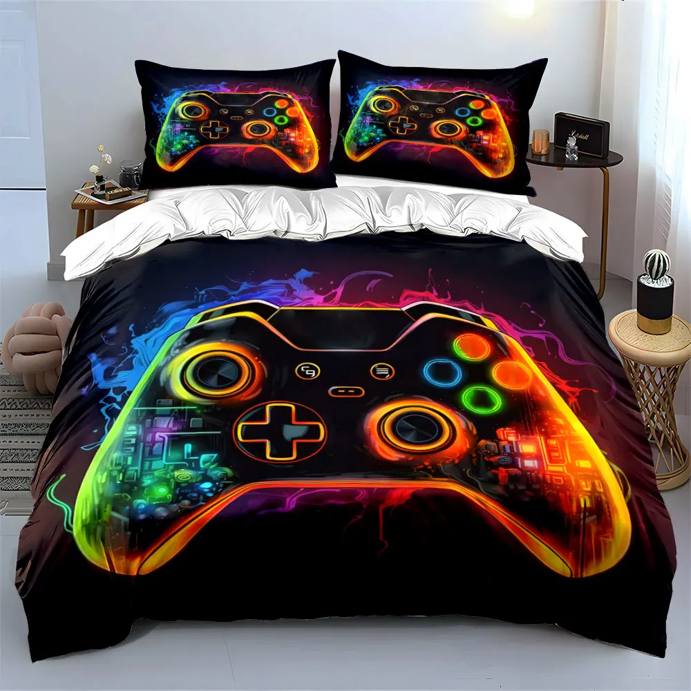 Colorful Splash Neon Game Controller Bedding Set, Cyber Circuit Gaming Pad Print Duvet Cover Set,3PC For Teen Gamers Boys Room