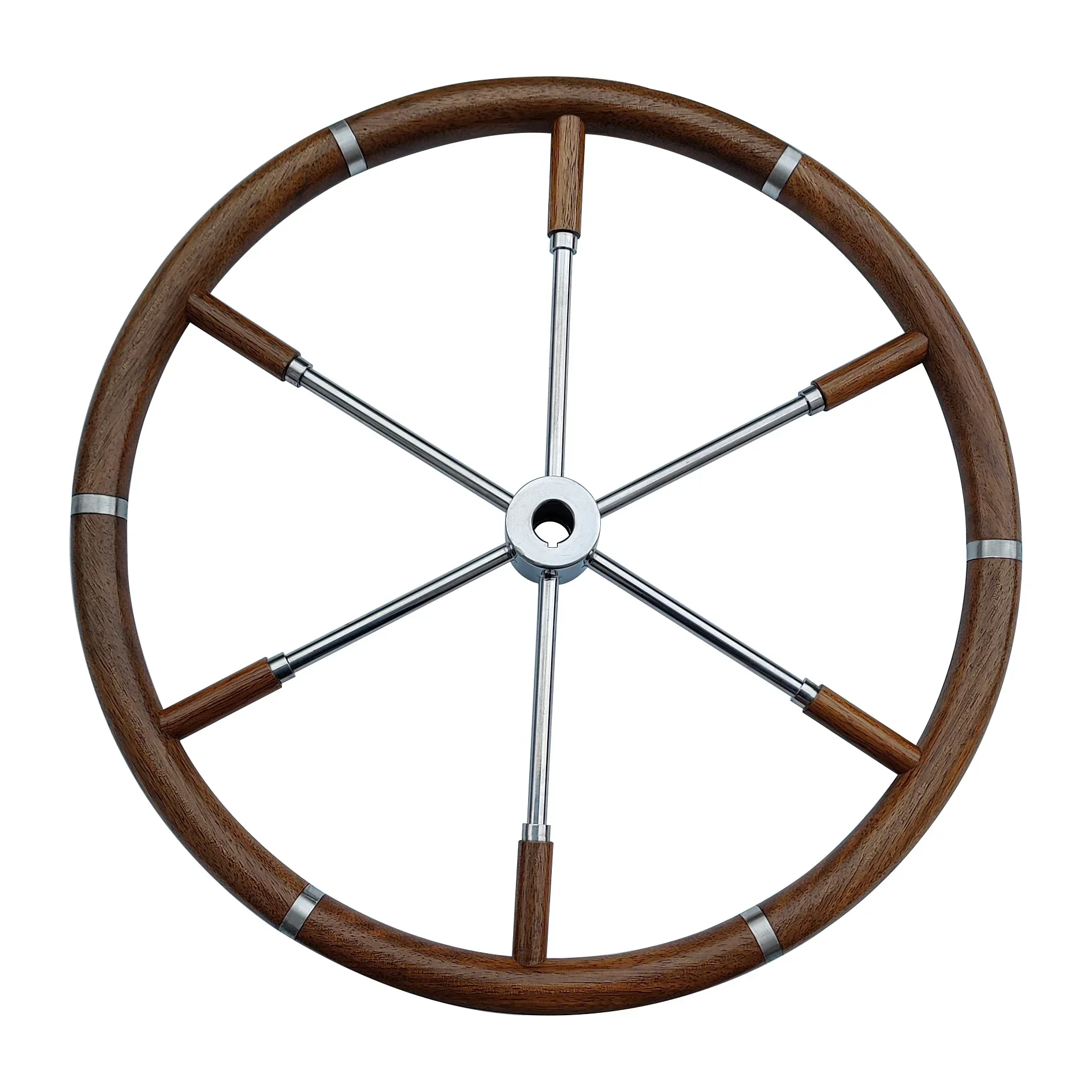 6-spoke Teak Steering Wheel Made Of Teak & Stainless Steel Standard 3/4" Tapered 7/8" Centre Hole