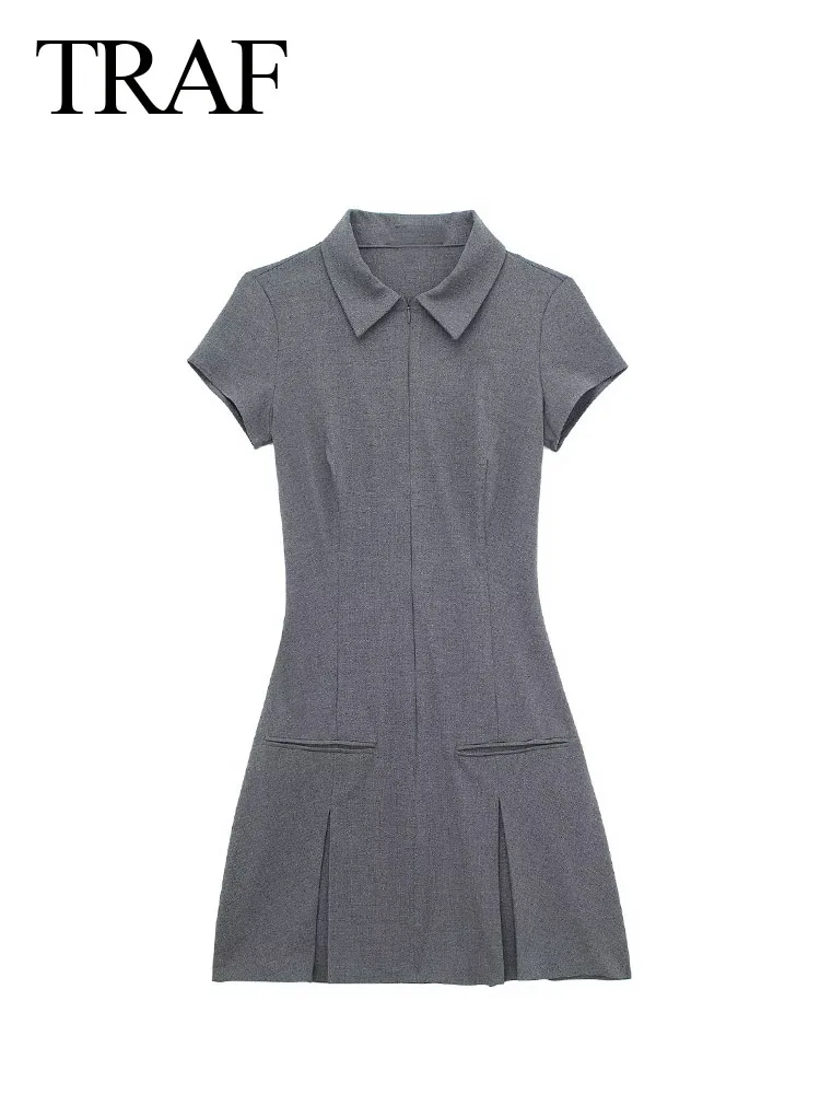 TRAF 2024 Woman\'s Fashion Vinatge Casual Grey Dress Turn-Down Collar Short Sleeve With Pocket Zipper Female Slim Mini Dresses