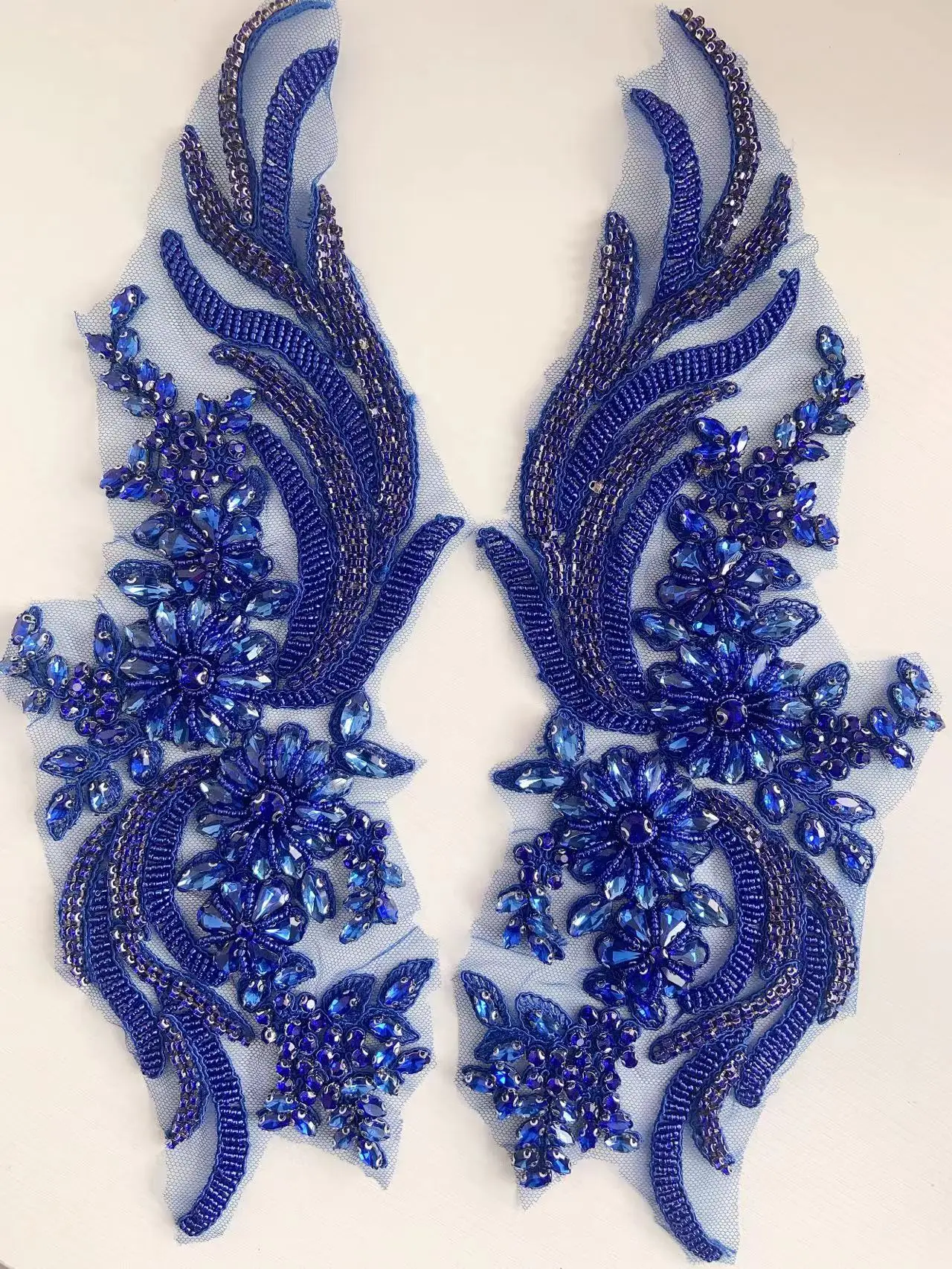 1 Pair Royal Blue Phoenix Crystal Embellishment Patch 3D Floral Rhinestone Applique for Corset,Ball Gown,Wedding Dress,Coat