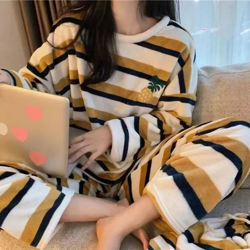 Thickened Warm Pyjamas Set for Women‘s Coral Velvet Sleepwear Student Long Sleeve Blue Striped Nightwear Homewear Cartoon Cute image 4