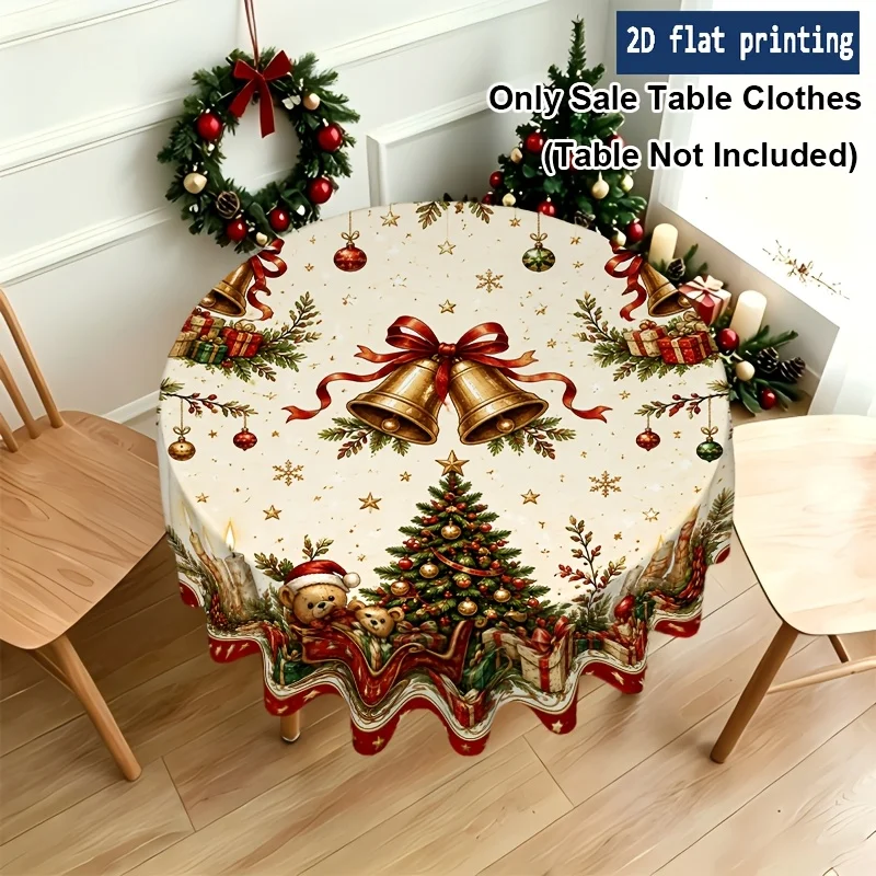 1-Piece Christmas Bell Ribbon Wreath Tablecloth - Round Bell and Ribbon with Wreath Border