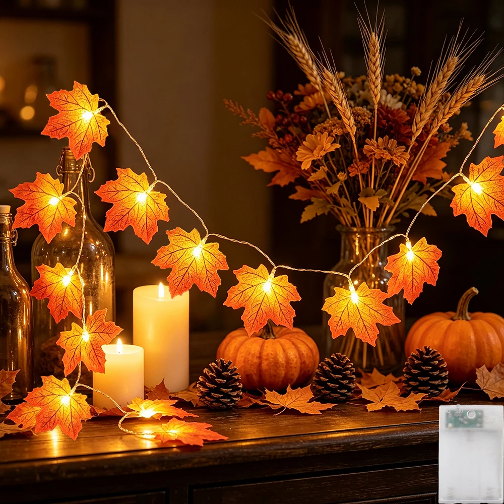 1pc/2pcs LED Artificial Maple Leaf Light String, 3M 20LED Fall Leave Light for Halloween, Thanksgiving, Day of the Dead Decor