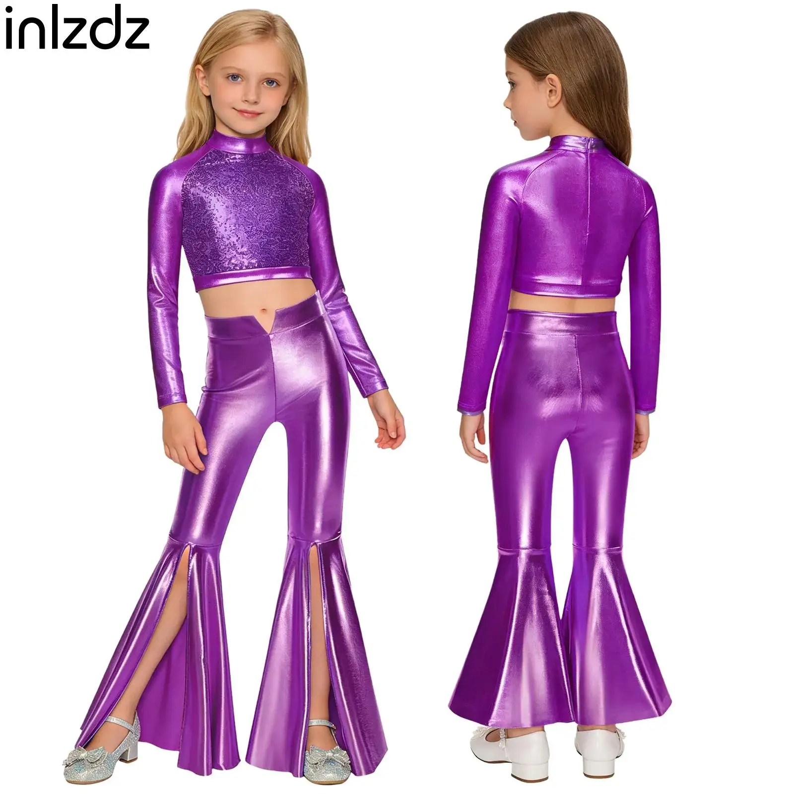 

Child Girls Sequins Jazz Dance Sets Tango Chacha Samba Salsa Performance Dancewear Long Sleeve Metallic Crop Top+Pants Outfits