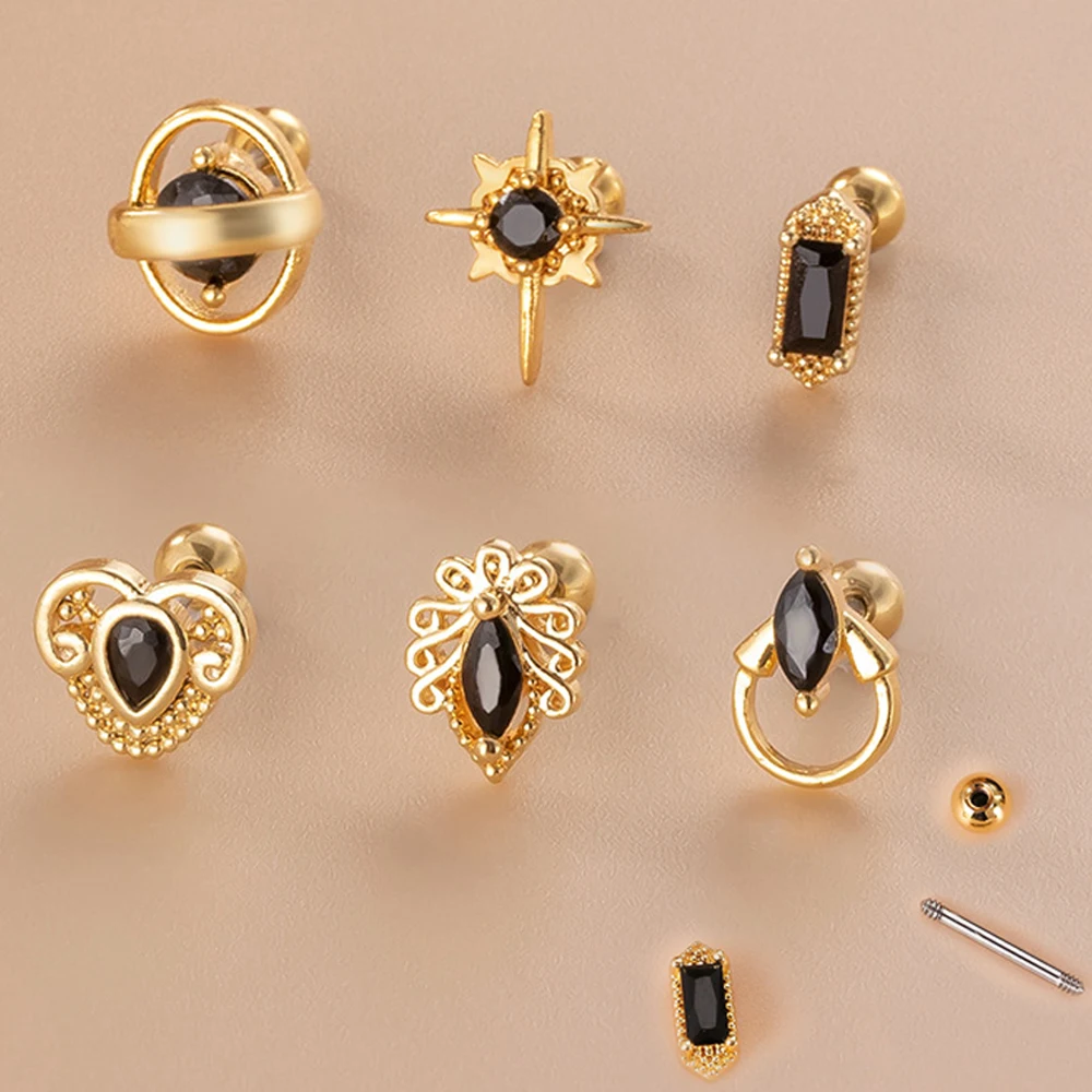 

1 PCS Small Copper Mix Geometric Shape Stud Earring Women Vintage Gold Color Steel Helix Screw Bar Ear Cartilage Pierc Jewelry