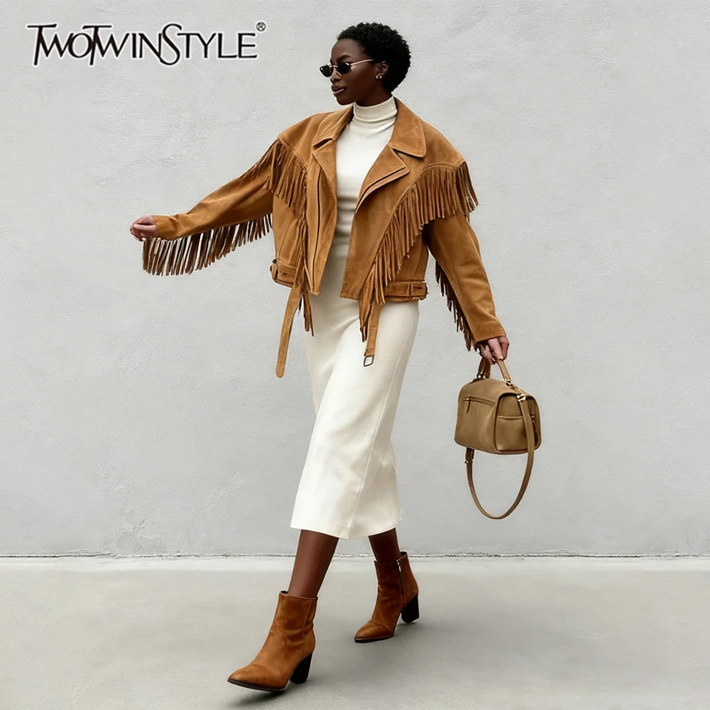 

TWOTWINSTYLE винтажные модные кожаные куртки с кисточками для женщин, лоскутная куртка с длинными рукавами и лацканами, женская одежда