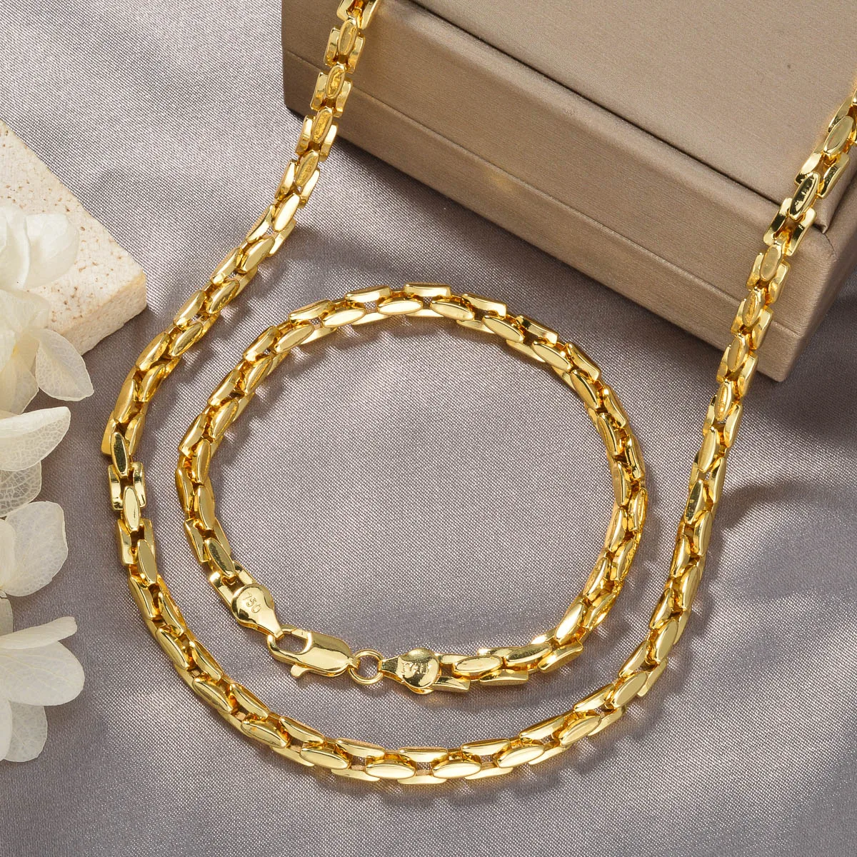 

Italian 750 Men's Women's Copper Jewelry Set Simple Square Chain Long Necklace Hip Hop Suitable Daily Parties Versatile Gifts