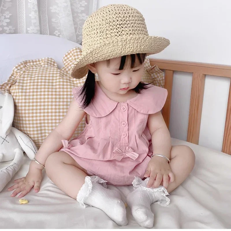 

2025 Summer New Pink Bow Newborn Clothes for Girls Baby Cute Style Pure Cotton Sleeveless Doll Neck Triangle jumpsuit