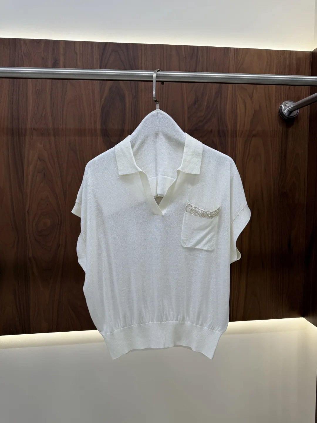 Women's High-Quality Spring/Summer Knit Top with Lapel, Pockets, and Sequins