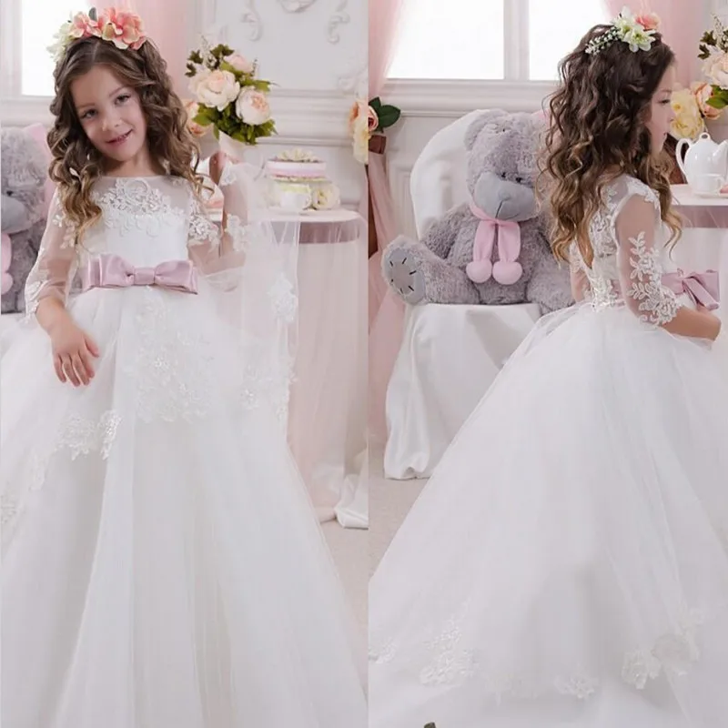 

White Flower Girl Dresses for Weddings Banquet Dress Girl Beaded Birthday First Communion Dresses Petals Long Sleeves Ball Gown