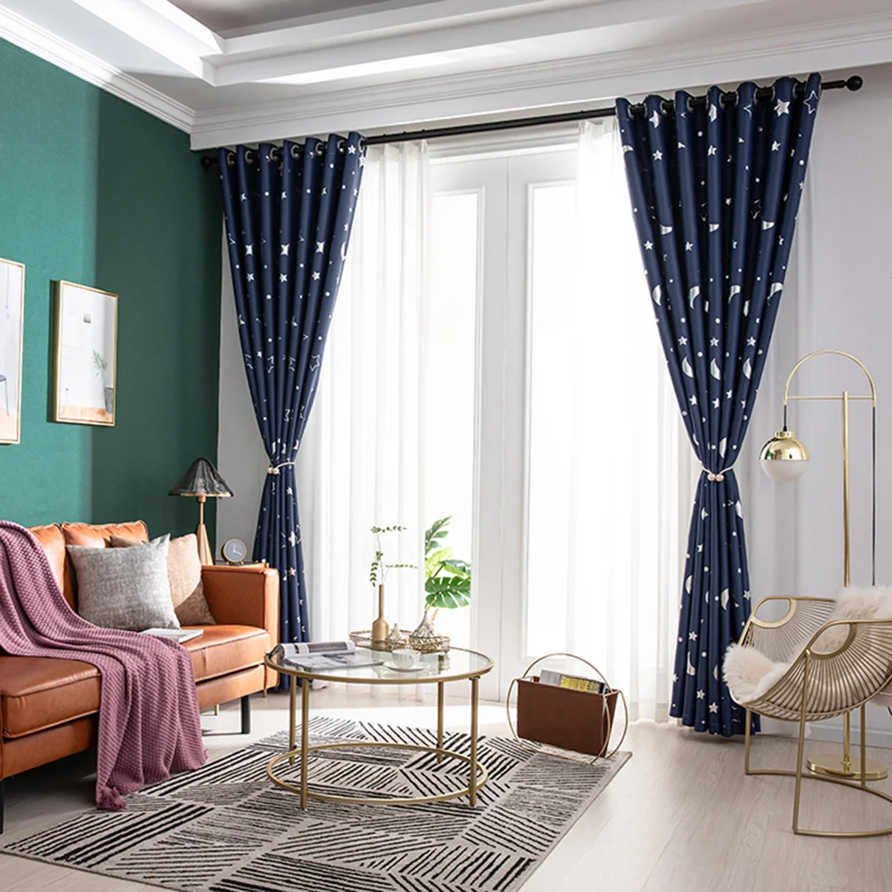 

1Pcs Heat Insulation Window Curtain Silver Stars Moon Design Blackout Thermal Curtain Punching Installation 100x130cm Navy