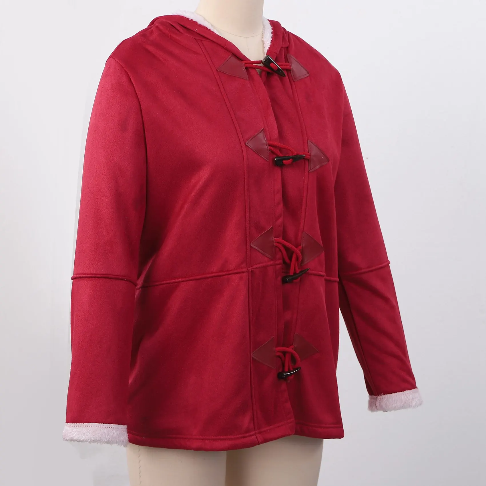 Abrigos de invierno de manga larga de imitación para mujer, chaqueta suelta de doble botonadura, abrigos con bolsillos, rojo vino, L