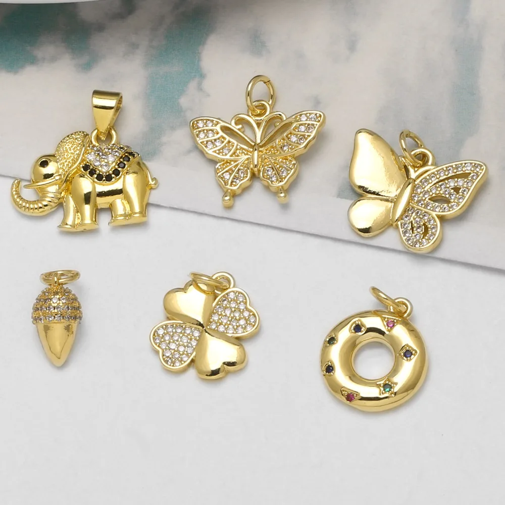 OCESRIO White Crystal Elephant Butterfly leaves Charm Copper Gold Plated Donut Pendant DIY Jewelry Making Components chma647