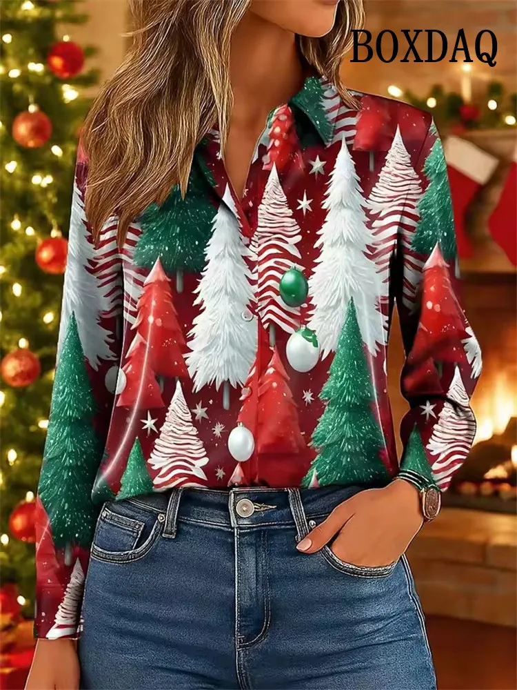 2025 feminino 3d árvore de natal impressão camisa elegante moda blusa de manga longa casual botão laclle festa wear outono noite topos