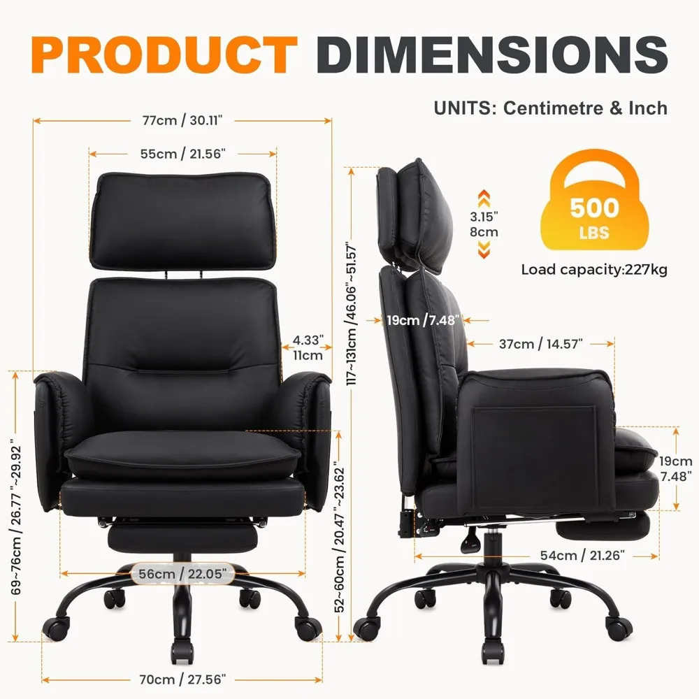 ergonomic wide seat reclining office chair for big and tall users, supports up to 500lbs