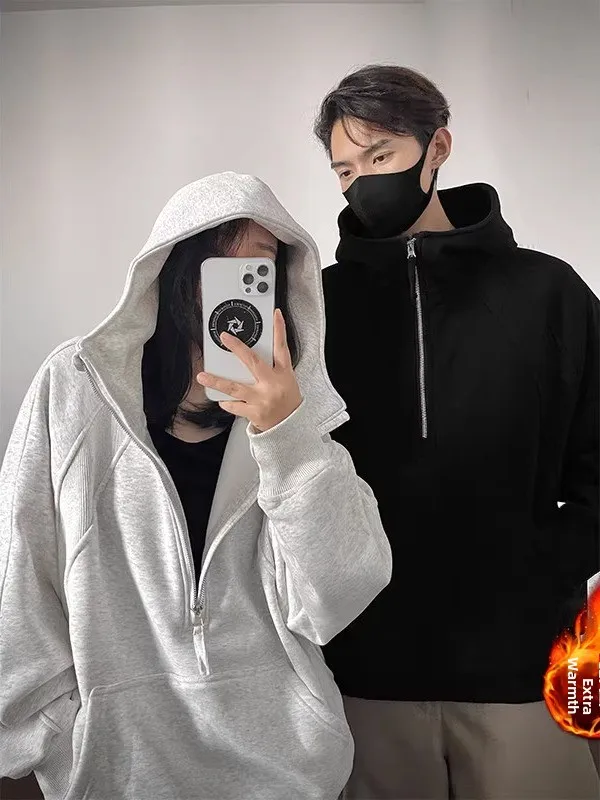 

Warmth White ey Hooded Zipper Men's Winter Jaet Boxy Deconstructed Sli American Couple's High Collar Outerwear