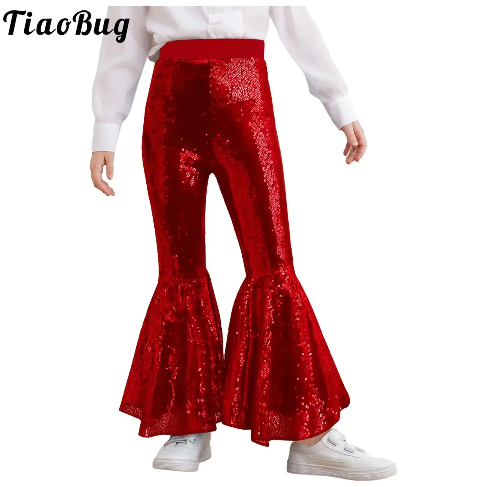 Teen Girls Shiny Sequins Jazz Dance Flared Pants Elastic Waistband Bell-Bottom Trousers Modern Disco Stage Performance Costume