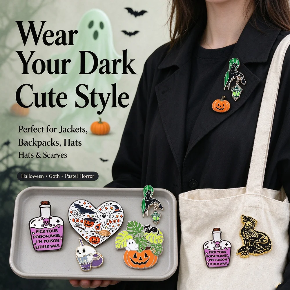 Gothic Dark Style Emaille-Anstecknadel Halloween-Brosche Giftflasche Herz Geist Kürbis Katze Skelett Wolf Teetasse Reversnadel Schmuck – Detail 3