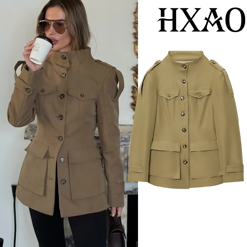 

HXAO Coat Jacket Fitted Autumn Button Jacket For Woman Long Sleeve Long Coat Blazer Women High Neck Woman's Elegant Jacket