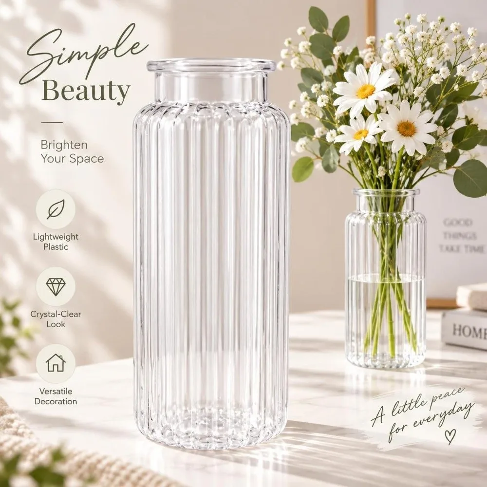 Nordic Style Flower Vase Unbreakable Plastic Ribbed Design Clear Flower Vase Cylinder Shape Large Size Cylinder Vases