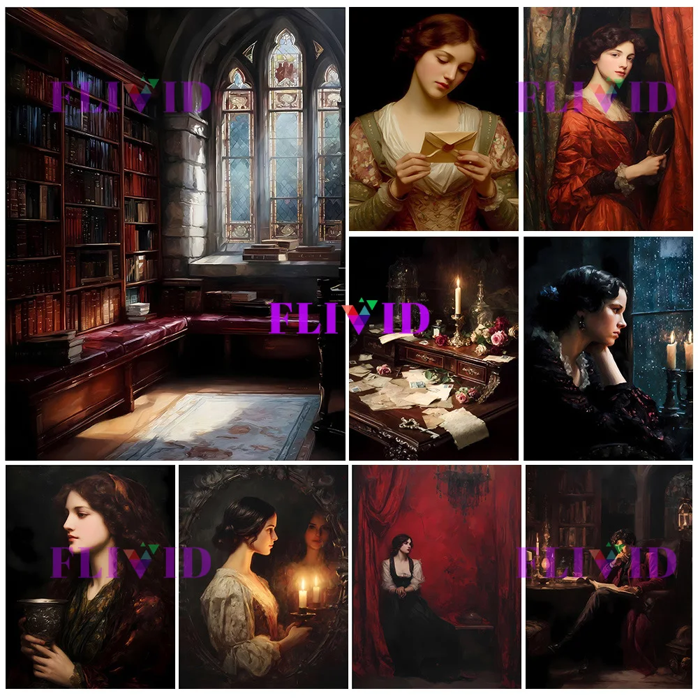 

Викторианское готическое искусство, темные академические портреты, интерьер, готический художественный постер, винтажный женский портрет, холст, картина для домашнего декора