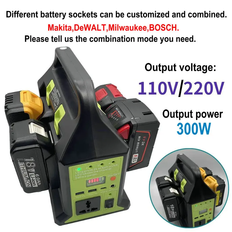 300W Portable Power Inverter, Suitable for Lithium Batteries in Power Tools, with USB Type-C, AC110V/220V Socket, Customizable