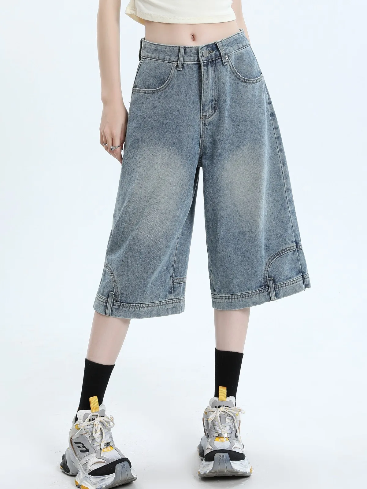 ZHISILAO Loose Calf-length Jeans Women Vintage Y2k Pocket Chic High Waist Wide Leg Denim Pants Summer 2024