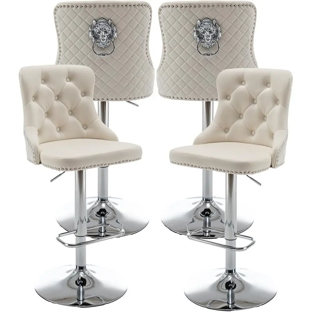 

Набор из 4-х бежевых бархатных поворотных барных стульев с отделкой гвоздей и тяговым кольцом для кухонного острова или паба