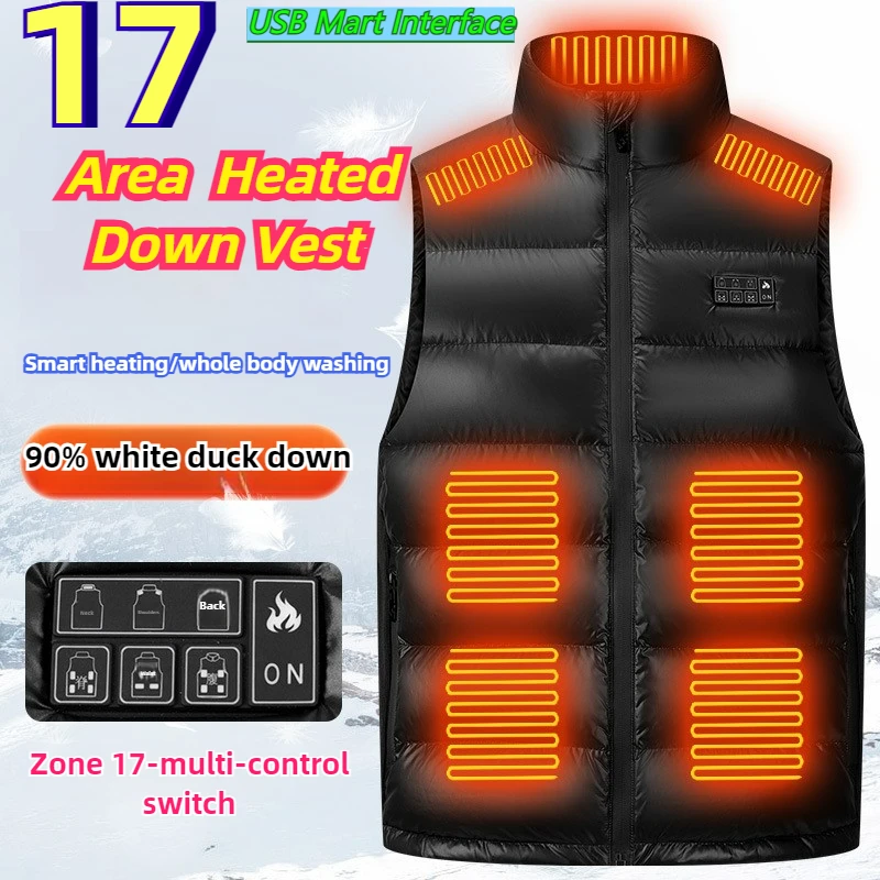 

Men Winter Ski Self Heating Vest 17 Areas Heated Down Jacket Vest Intelligent Usb Multi-temperature Control Thermal Puffer Coat
