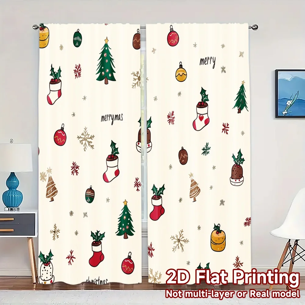 2pcs,Curtains Christmas Ornaments Trees Holly Jingles Popular Print Curtains Versatile Durable Polyester Curtains Versatile All