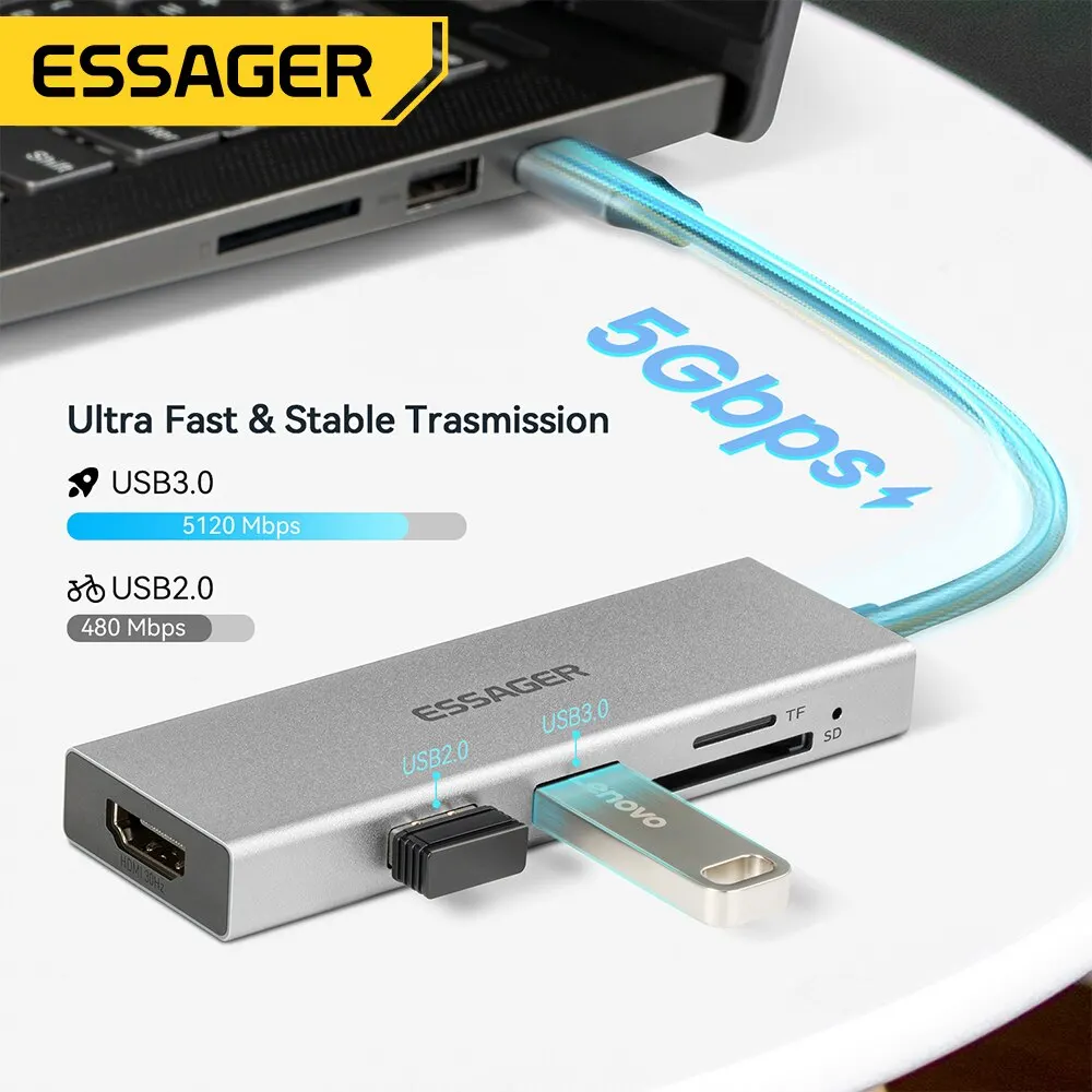 Essager 5 in 1 USB C HUB HDMI-4K Docking Station Splitter For Macbook Adapter For Laptops USB 3.0 Type C