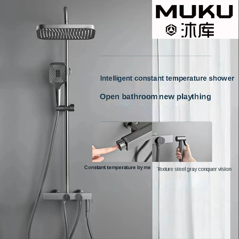 

Gun Gray Shower Set White Brass Constant Temperature Bathroom Faucet Supercharged 4-Functions with Airbrush Shower System Black