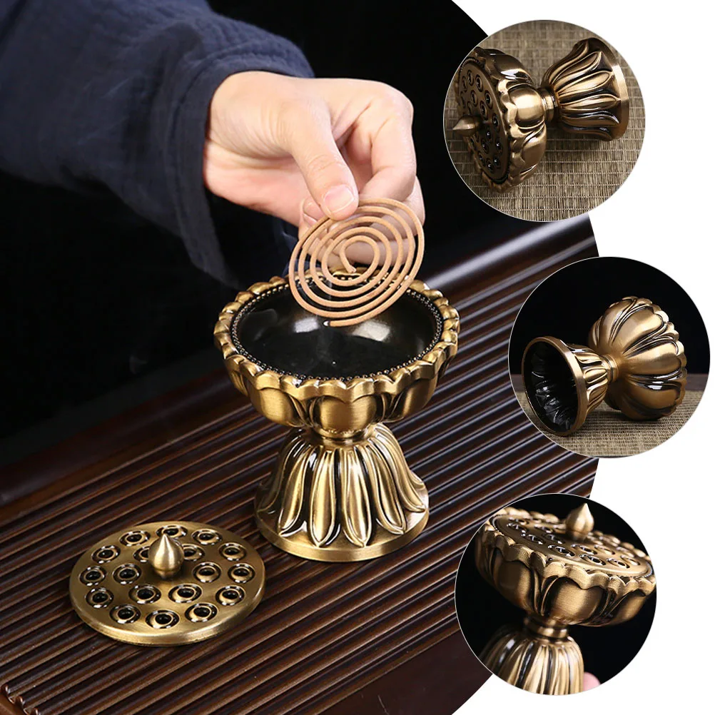 

Exquisite Vintage Incense Burner Lotus Metal Censer Ornament Desktop Home Decor Small Compact Ash Catching Holder For Bedroom