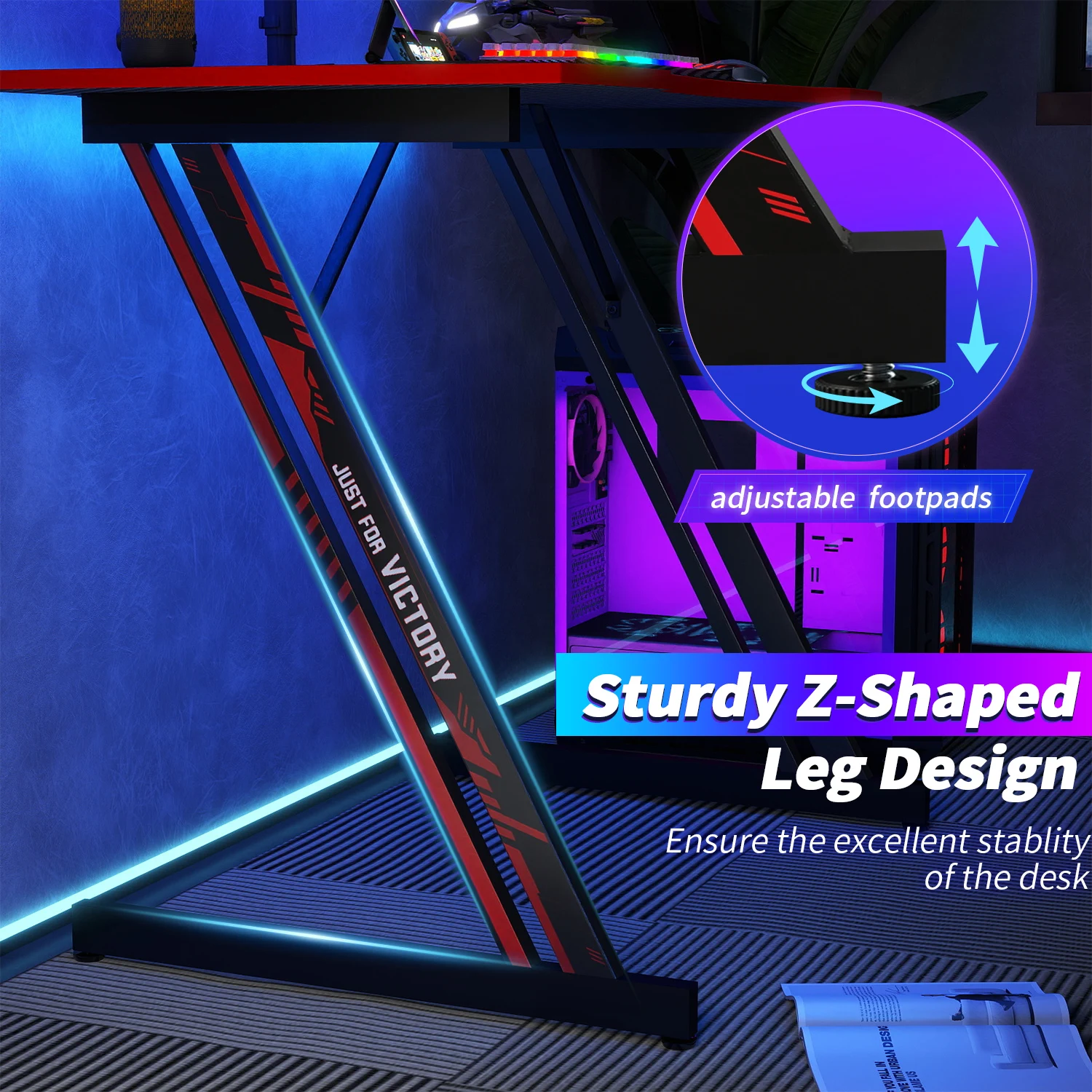 مكتب ألعاب مقاس 35 بوصة، مكتب كمبيوتر بسطح من ألياف الكربون على شكل Z، طاولة محطة عمل مريحة مع خطاف سماعة الرأس للمكتب المنزلي