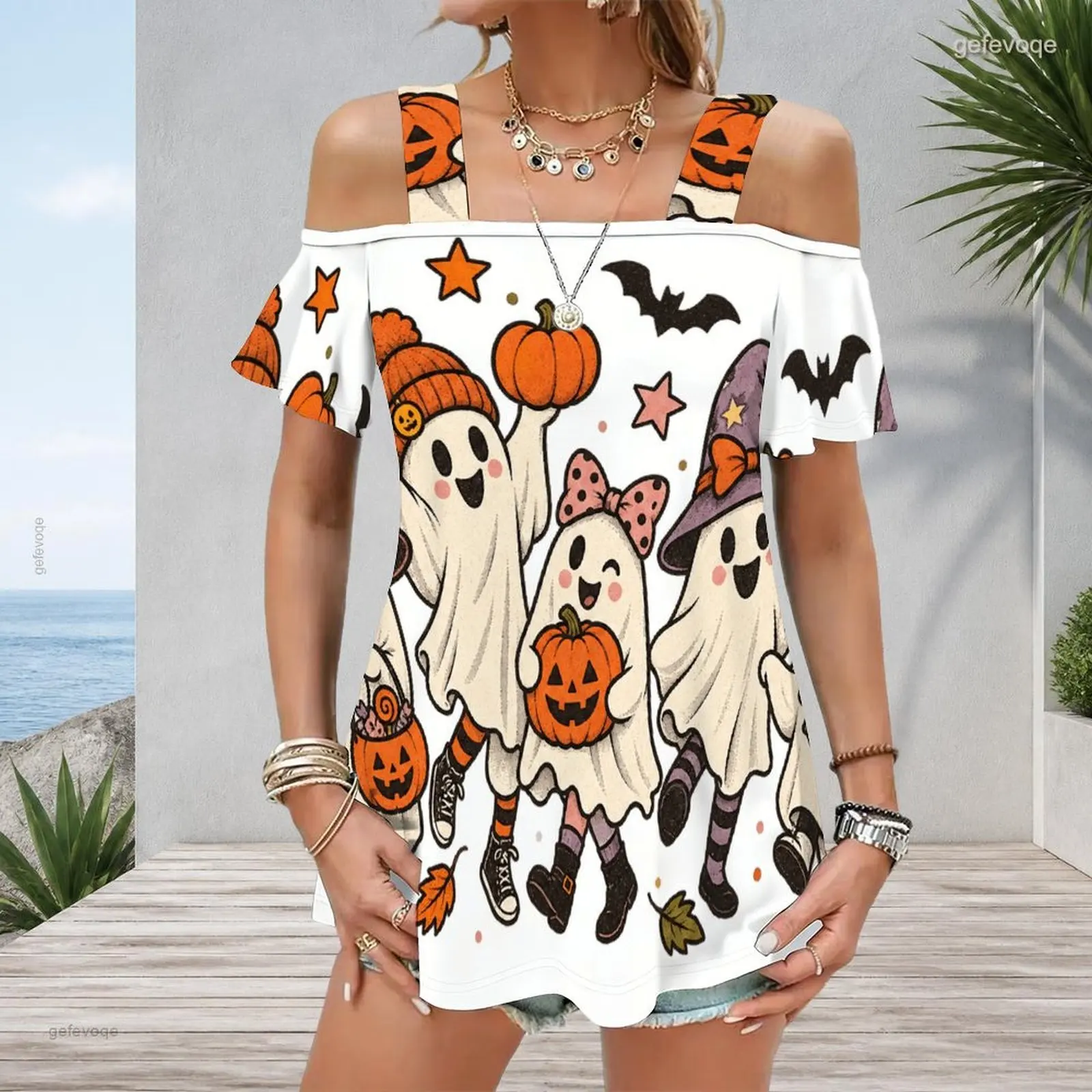 Wide Straps Cold Shoulder Flutter Sleeve Straight Hem Printed Top for Women
