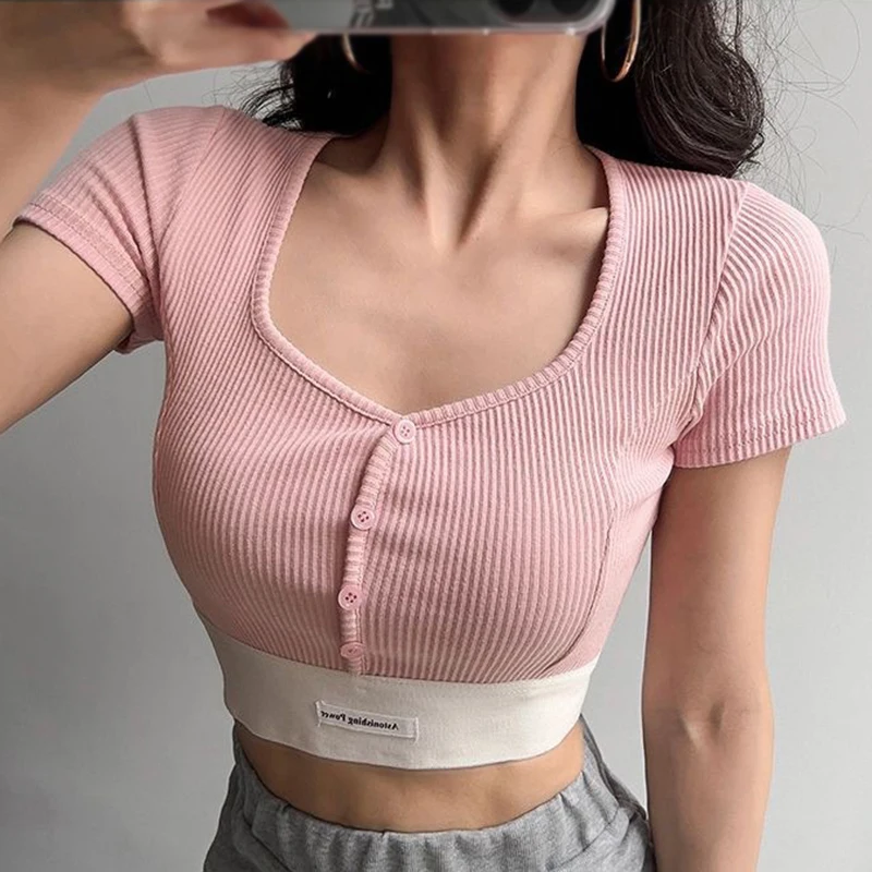 T-shirt estiva a maniche corte da donna Solid Simple Casual Soft Basic Crop top Tees Summer Fashion