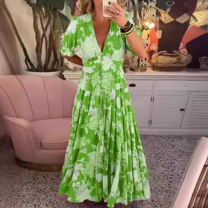2025 Sping Summer Boho Donna Maxi Dress Casual Manica corta A-line Balza Beach Abiti da donna Abiti floreali Vestidoes Mujer