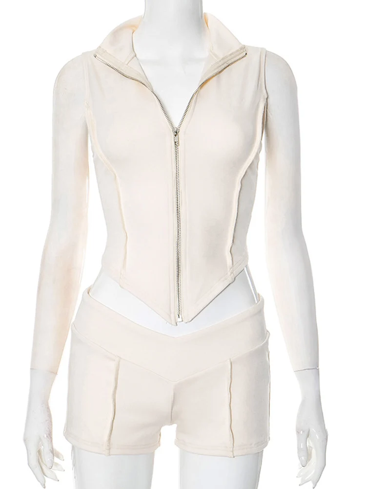 Beyprern Lässiger zweiteiliger Damen-Anzug, ärmelloses Korsett-Oberteil und Shorts mit Reißverschluss vorne, solide, tailliertes 2-teiliges Clubwear-Outfit