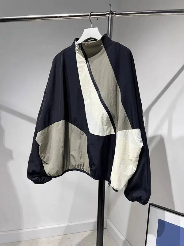 Color-Block Unique Distinctive Asymmetrical Placket Jacket Women Loose Short Stand Collar Trench Coat Autumn