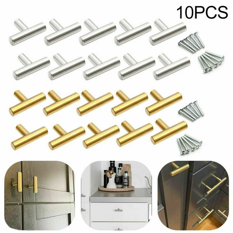 10 Pack Cabinet Knobs Matte Stainless Steel Kitchen Drawer Pulls Single Hole T-Shaped Handles 50mm/2inch Overall Length