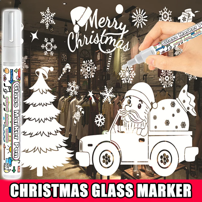 KJM White Glass Marker Pen Christmas Window Erasable Paint Marker For Glass Car Mirror Blackboard DIY Holiday Graffiti Decor