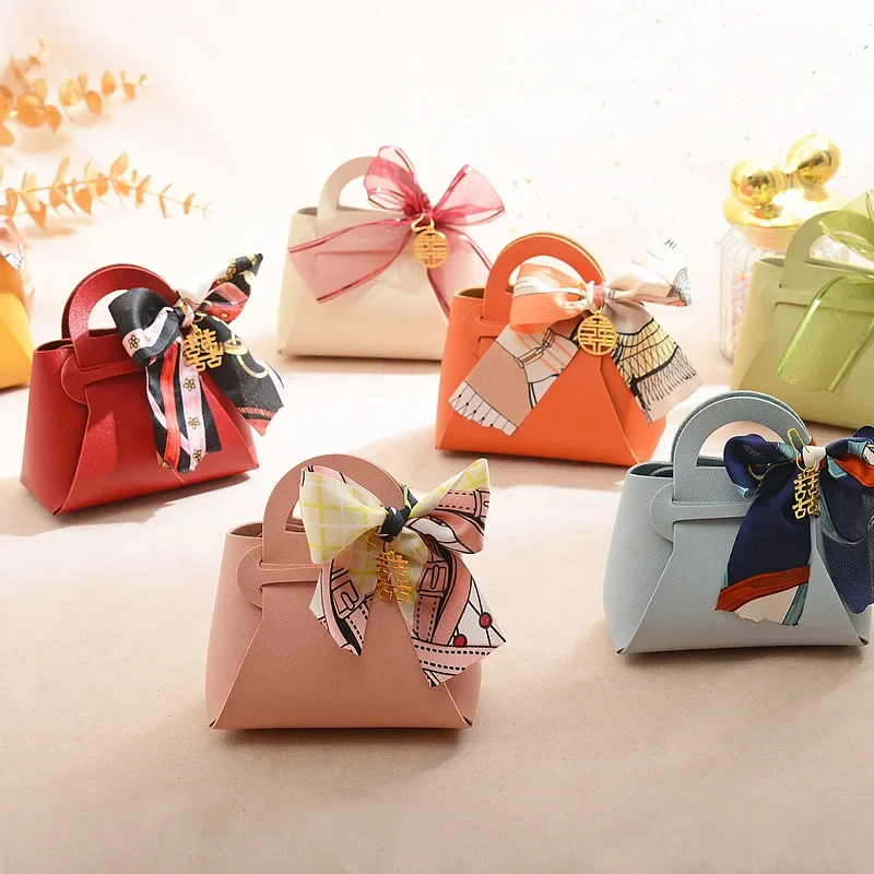 10PCS Leather Gift Bags Wedding Favour Bag for Guest Mini Handbag with Ribbon Candy Packaging Box Eid Distributions Party Decor