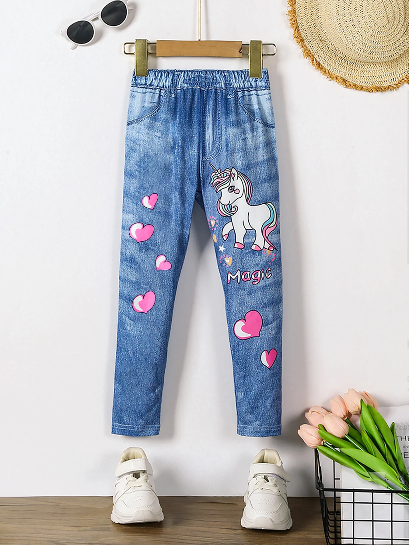 Baby Girls Summer Casual Cute Print Imitation Denim Unicorn Love Letter Pattern Elastic Waist Trousers